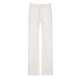 Basic Solid Low-Waisted Ribbed Knitted Pants Casual Loose Drawstring Wide Leg Pants Soft Comfy Lounge Wear Trousers Streetwear