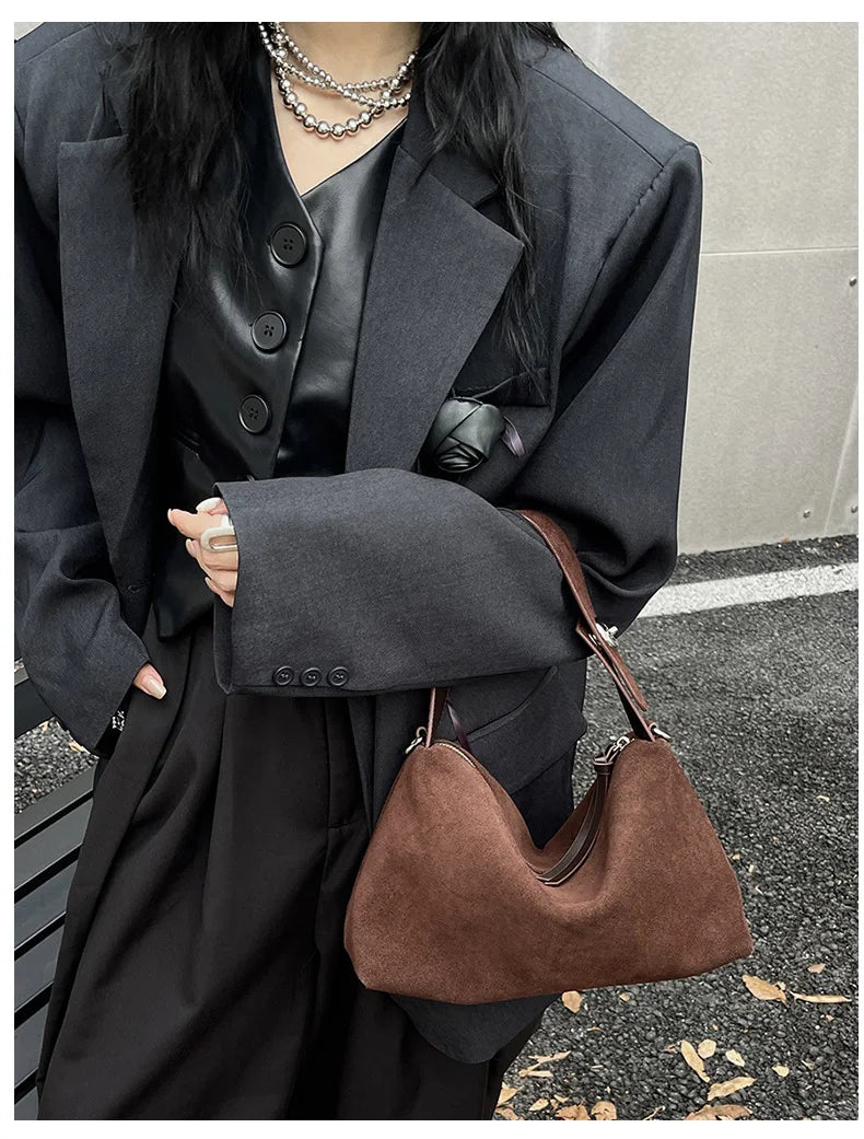 Wholesale Women Suede Bag Female Retro Frosted Cowhide Split Leather Armpit Shoulder Bag Lady Handbag Trendy Crossbody Messenger