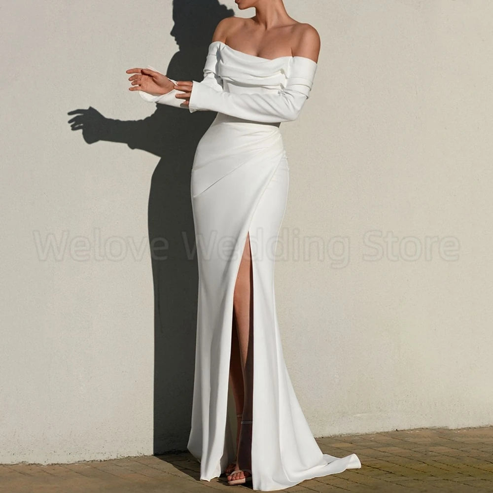 Long Sleeves Off the Shoulder Wedding Dress Boat Neck with Pleat Mermaid Customized Side Slit Bridal Backless Gowns