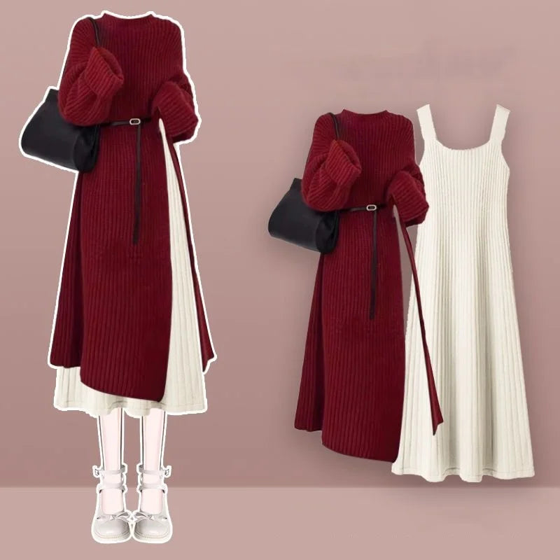 Women's Spring Autumn Long Split Sweater Sling Dress Two Piece Set Lady Graceful Black Knit Clothing Sleeveless Dresses Outfits