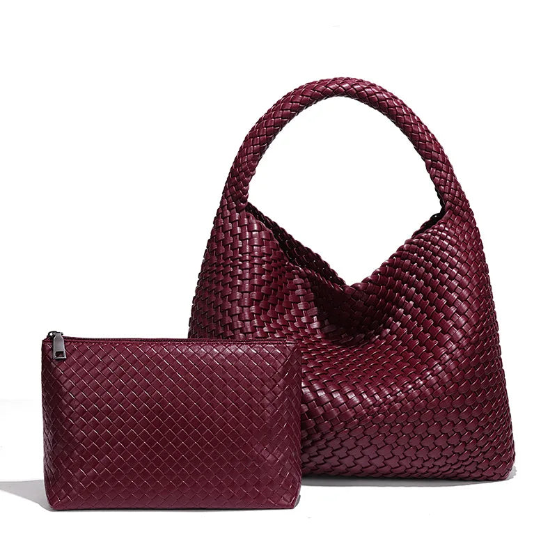 2025 Women Bag Luxury PU Leather Handbag Lady Fashion Handmade Knitting Tote Female Hand-woven Basket Shoulder Bag with Purse