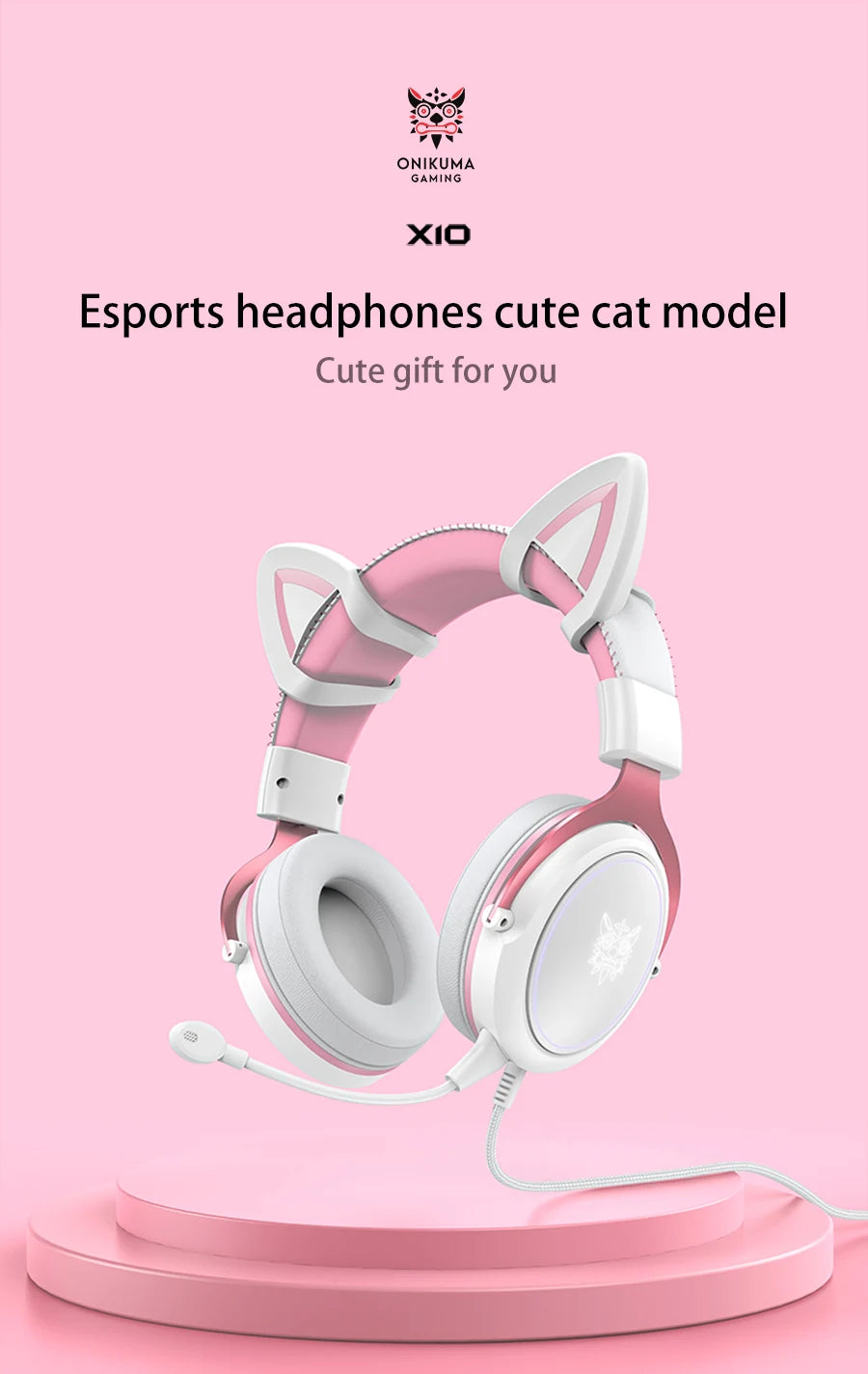 ONIKUMA X10 Gaming Headphones with Detachable Cute Cat Ear RBG Lighting Gaming Headset Gamer Earphone with HD Mic for PC Gaming