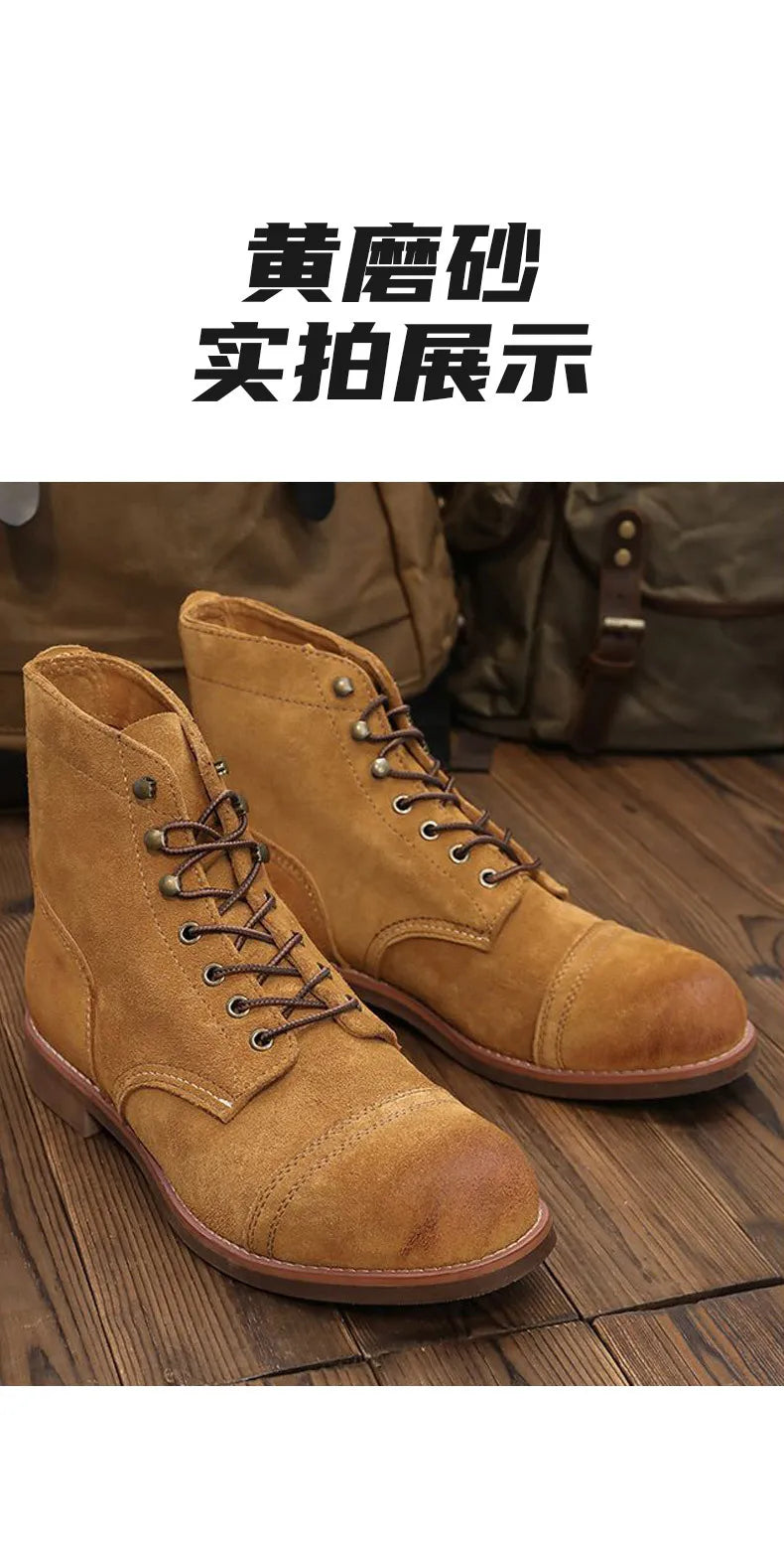 KOWM Hiking shoes men's walking boots British cowhide high top motorcycle boots ankle casual sneakers trekking shoes thick soled