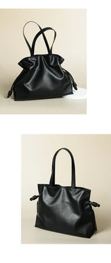 2025 High-End Women's Bucket Bag Lady Unique Drawstring Pleated Shoulder Bag Soft Split Cowhide Leather Cloud Tote Handbag New