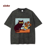 Cartoon Kitten Chrysanthemum Vase Print T-Shirt Round Neck Washed Shoulder Designer 2025 New Trendy Fashion Short Sleeves