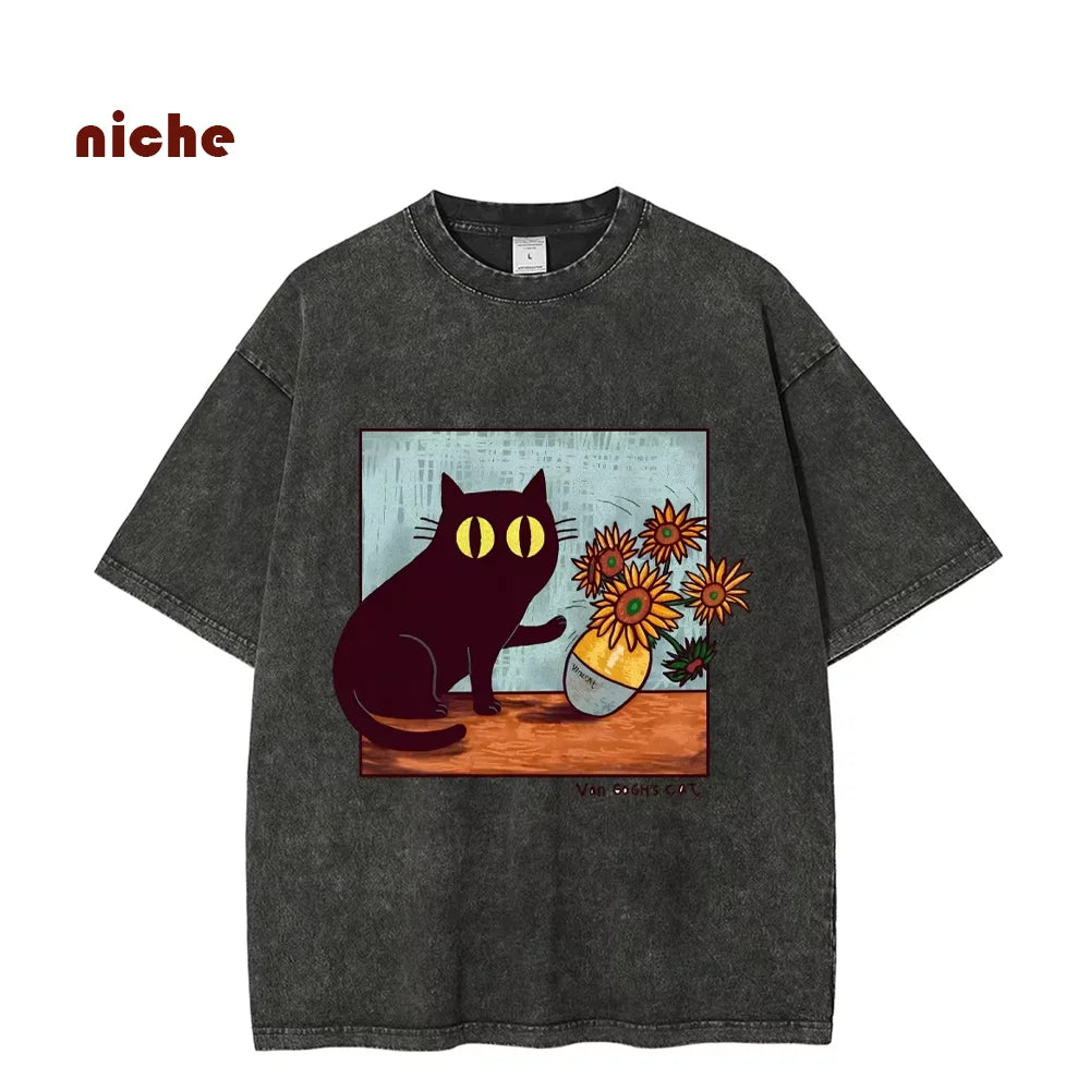 Cartoon Kitten Chrysanthemum Vase Print T-Shirt Round Neck Washed Shoulder Designer 2025 New Trendy Fashion Short Sleeves