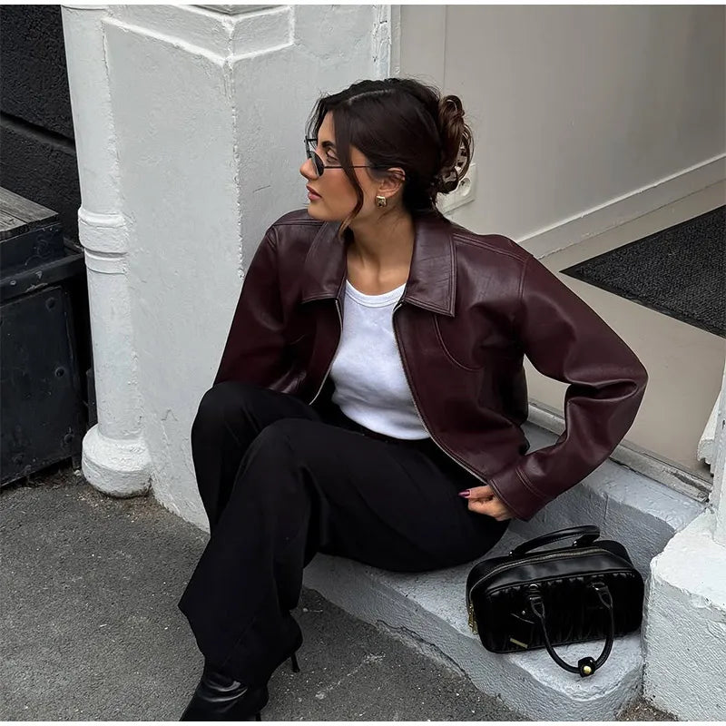 Women's Wine Red Pu Leather Short Jacket Fashion Autumn Lapel Collar Zipper High Street Loose Overcoats Ladies Button Outerwears