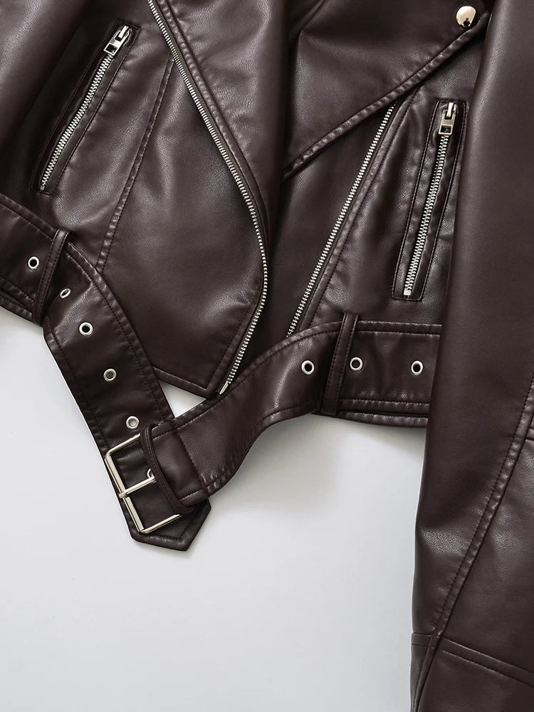 Ailegogo New Spring Autumn Women Vintage Loose Belt Faux Leather Jacket Streetwear Female Retro Moto Biker Coat Outwear