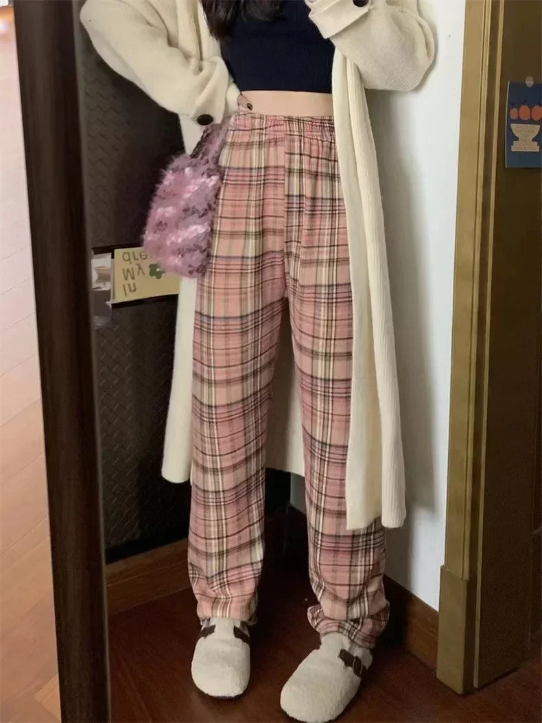 Plaid Plush Wide-Leg Trousers