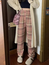 Plaid Plush Wide-Leg Trousers