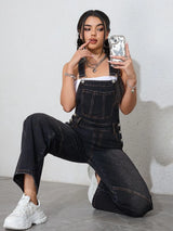 Vintage Black Denim Wide-Leg Jumpsuit – Loose Fit Oversized Overalls