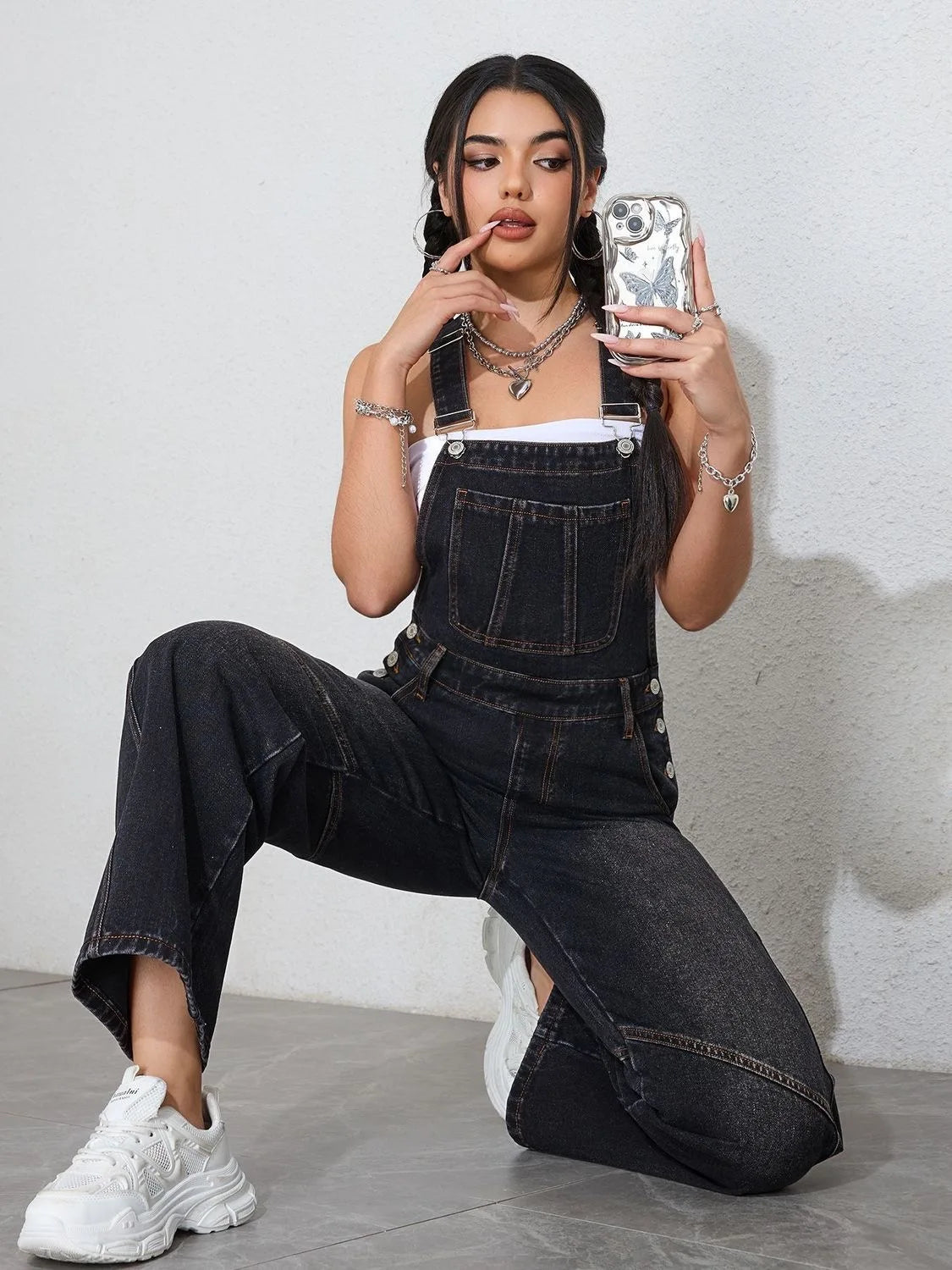Vintage Black Denim Wide-Leg Jumpsuit – Loose Fit Oversized Overalls