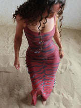 Wild Elegance: Women’s Tiger Stripe Backless Maxi Dress