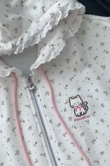 Women's Cat & Floral Print Zip-Up Hoodie