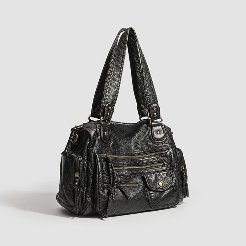 Y2K Hot Women's Punk Biker Tote Bag Large Capacity PU Leather Crossbody Purse with Multi Pockets for Work Commute Moto Style