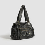 Y2K Hot Women's Punk Biker Tote Bag Large Capacity PU Leather Crossbody Purse with Multi Pockets for Work Commute Moto Style