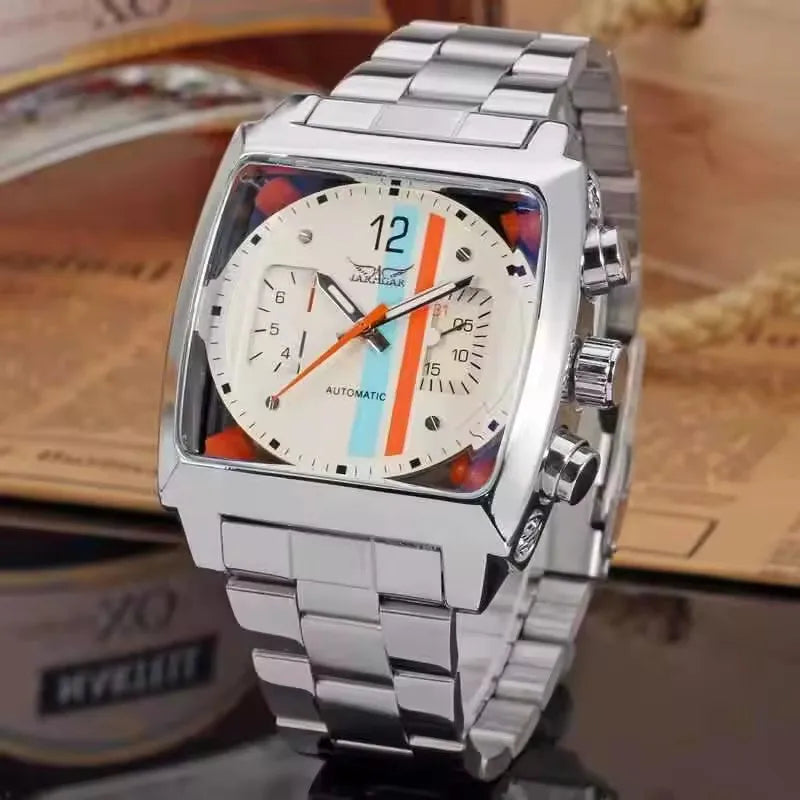 JARAGAR 569 Retro Square Dial Unique Men's Automatic Mechanical Watch Calendar Week Steel Strap Casual Men's Clock Reloj Hombre