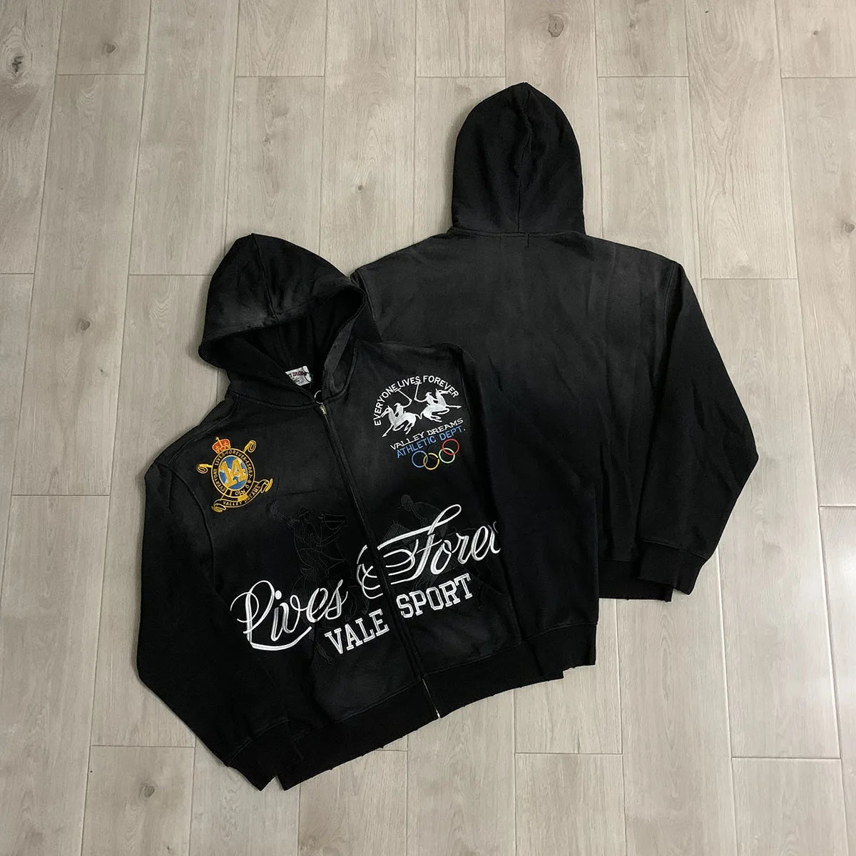 Streetwear Patchwork Letter Embroidery Zipper Terry Hooded Hoodie for Men Distressed Hole Cardigan Sweatshirt Jacket Oversized