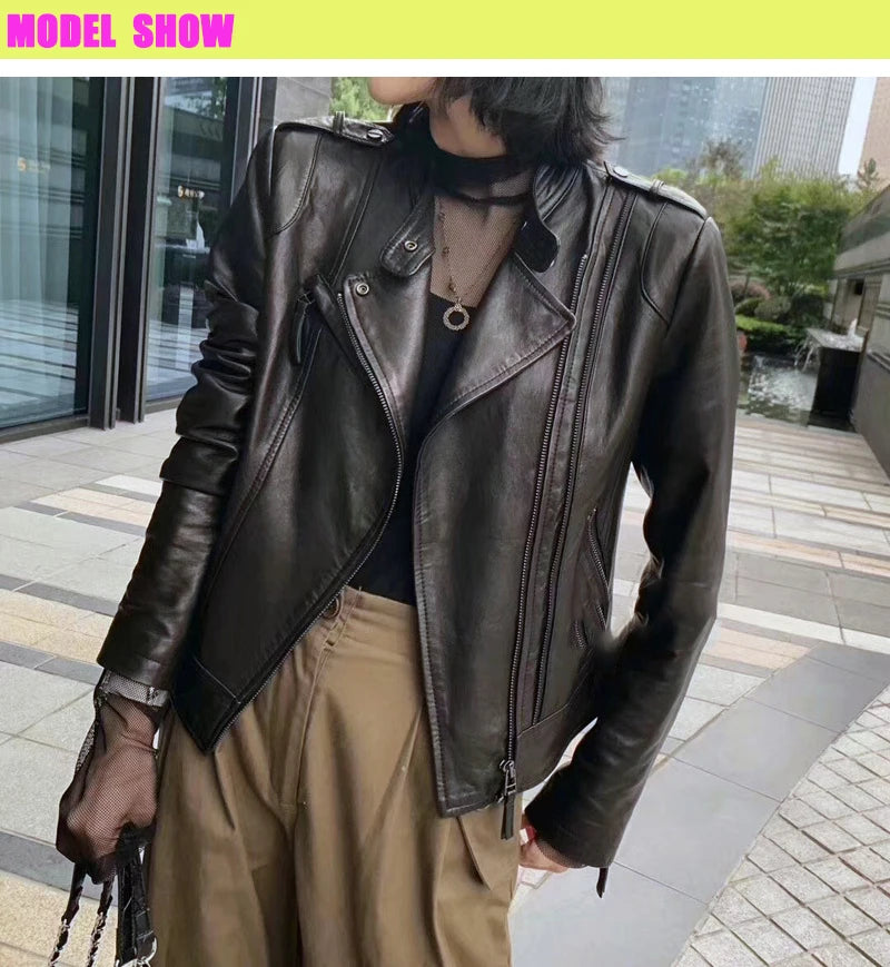 Women's Short Genuine Sheepskin Biker Jacket