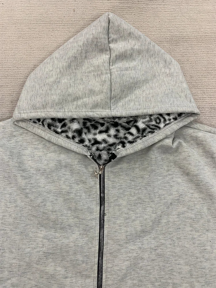 Men’s Grey Leopard Print Zip-Up Hoodie
