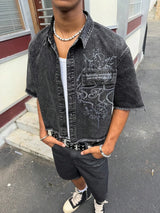 Men's Vintage Black Washed Embroidered Raw Edge Denim Short-Sleeve Shirt, Y2K Streetwear Cropped Top