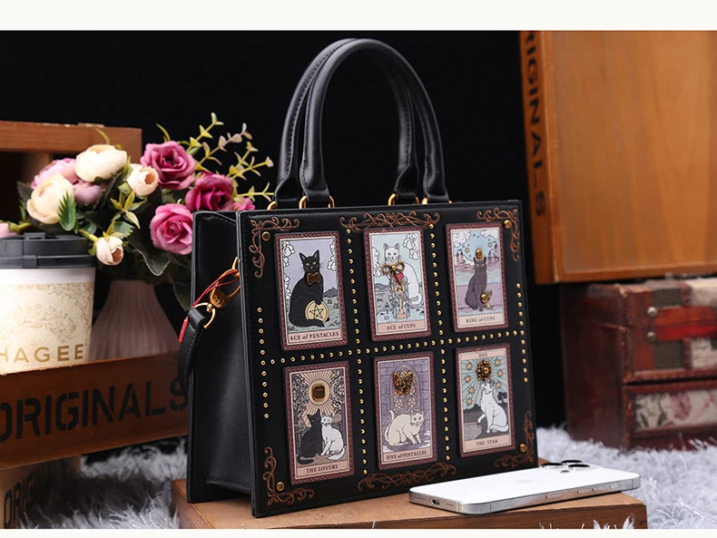 Vintage Luxury Leather Tote – Designer Cat Embroidery Shoulder Bag