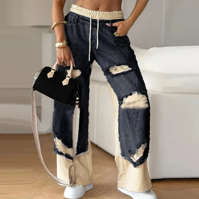 Women’s Casual Patchwork Drawstring Jeans