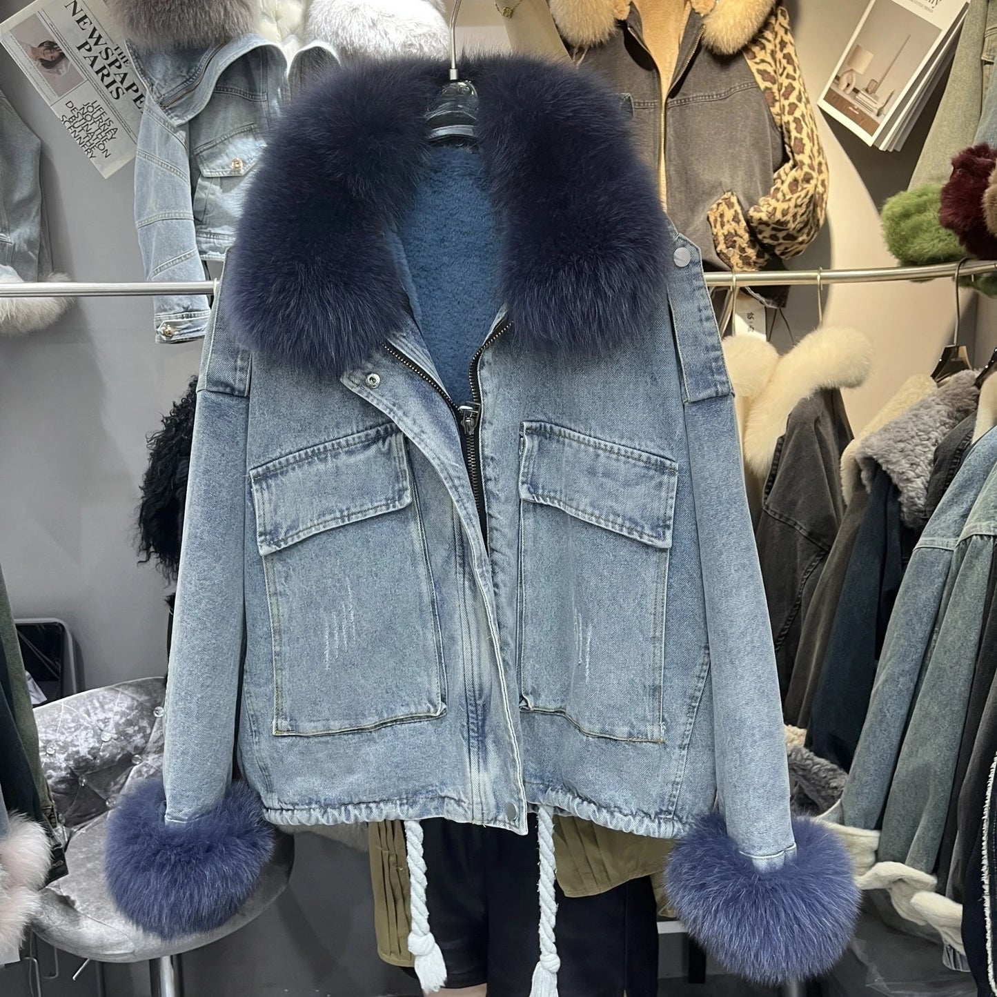 Women's Fox Fur Denim Winter Jacket – 2025 USA Streetwear Edition