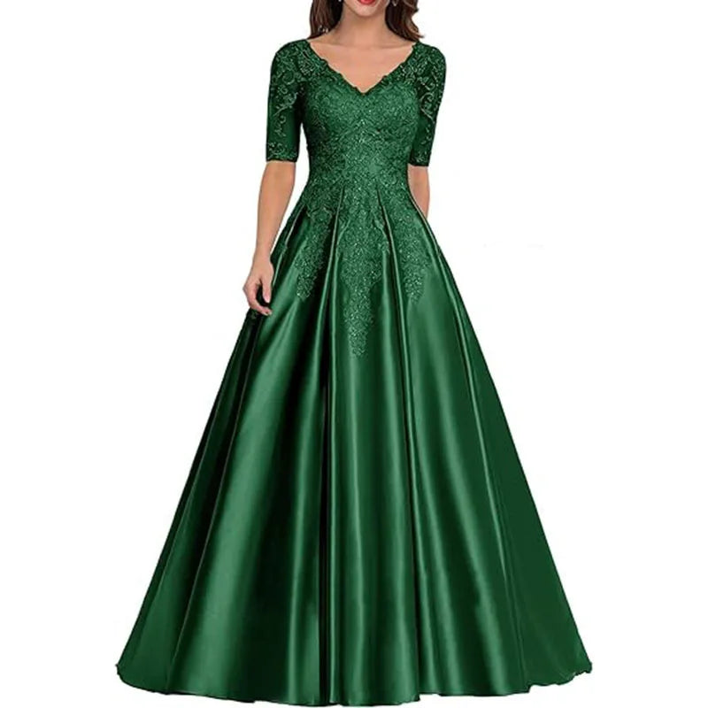 A Line Women Evening Dresses Satin Appliques V Neck Prom Party Gowns Formal Occasion robes de soirée