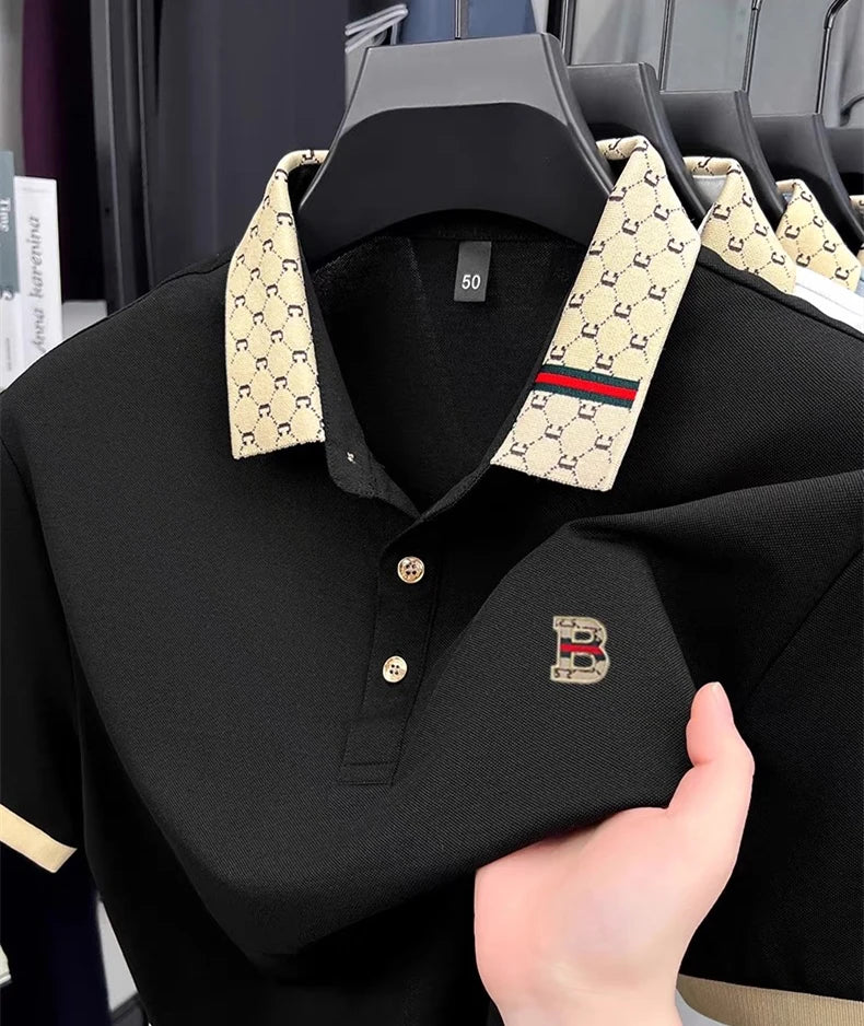 B Letter Embossed Short Sleeve Polo Shirt for Men