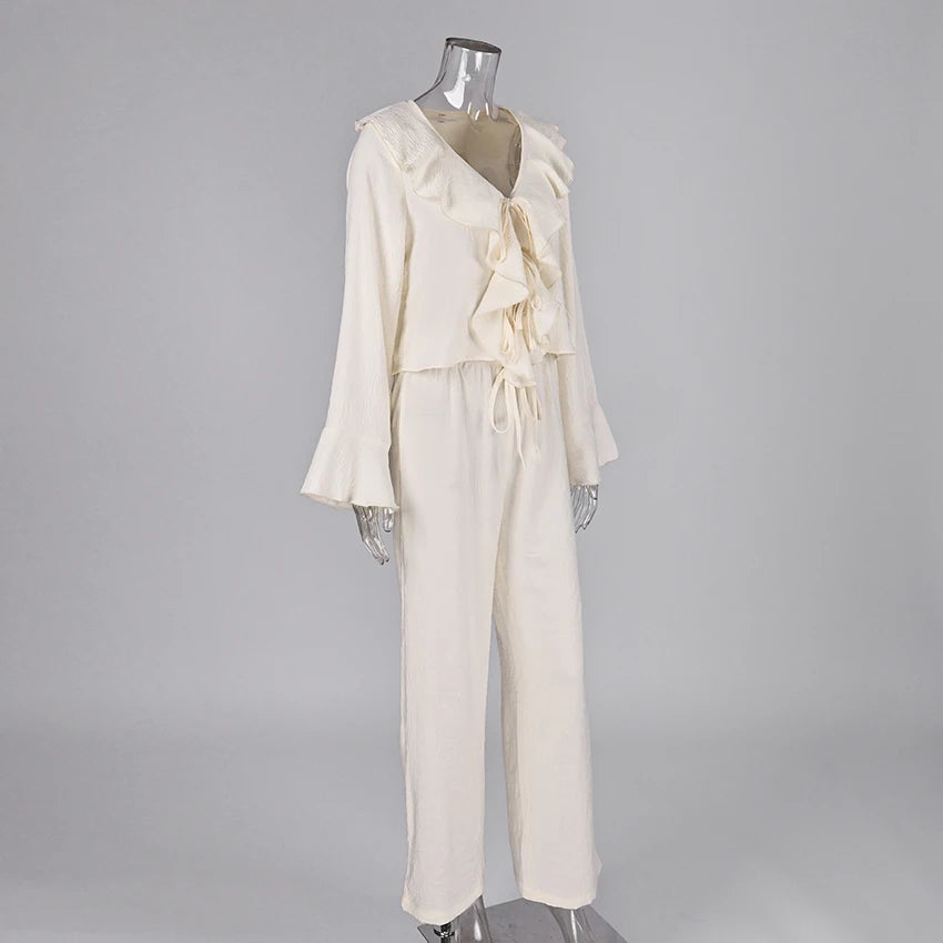 Linad Casual Loose Apricot Outfits Fashion Ruffles Flare Sleeve Blouse With High Waist Pant 2 Piece Sets Summer Long Pants Suits
