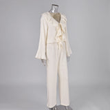 Linad Casual Loose Apricot Outfits Fashion Ruffles Flare Sleeve Blouse With High Waist Pant 2 Piece Sets Summer Long Pants Suits