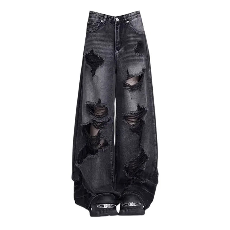 Vintage Black Ripped Wide-Leg Jeans for Women