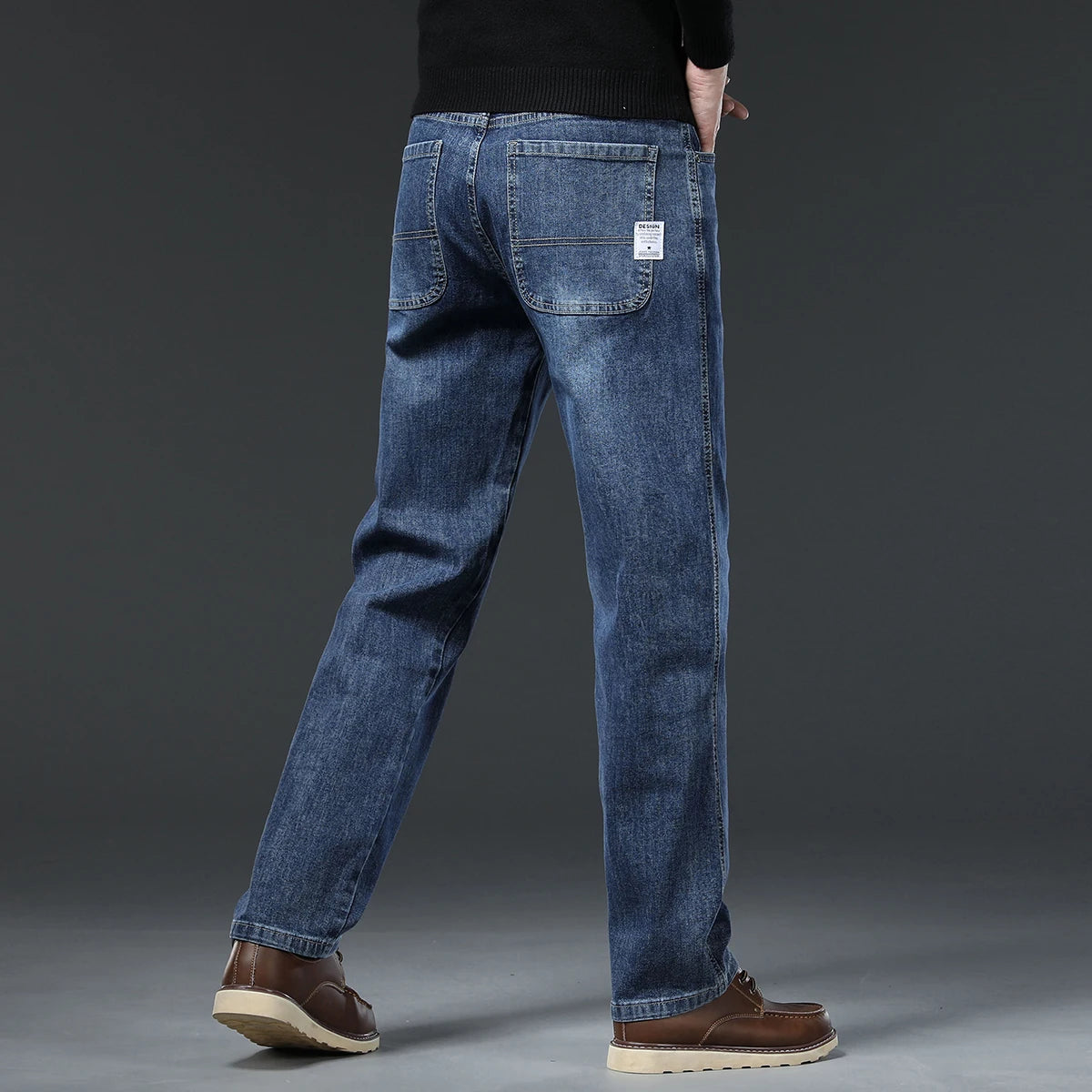 Autumn Winter  Brand New High Waist Jeans Classic Business Casual Office Men's Fashion Stretch Slim Denim Jeans Navy Blue