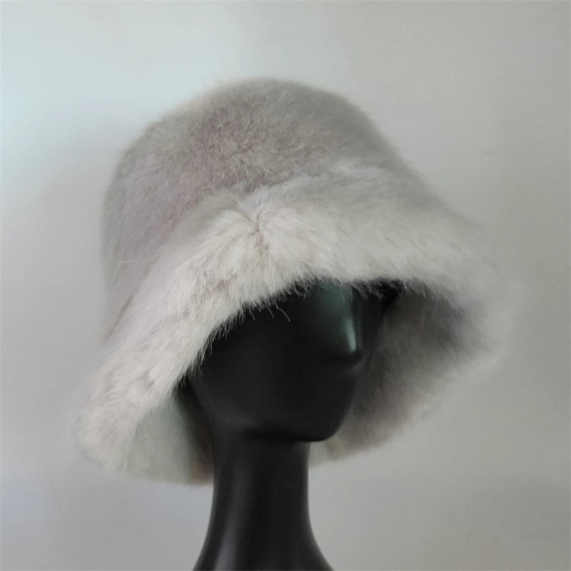 1pcs Winter Faux Fur Bucket Hat Warm Fluffy Plush colorful soft Winter hat Personality fur Fisherman Hats for women Plush hat겨