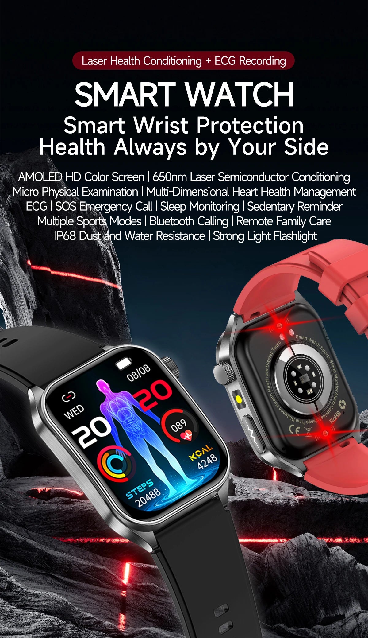 2026Hot AI-GPT Diagosis ECG Health SmartWatch Blood Pressure Lipid Uric Acid 650nm Dual-Probelaser Heart Analysis Smart bracelet