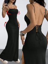 Y2K Woven Tape Split Maxi Dress