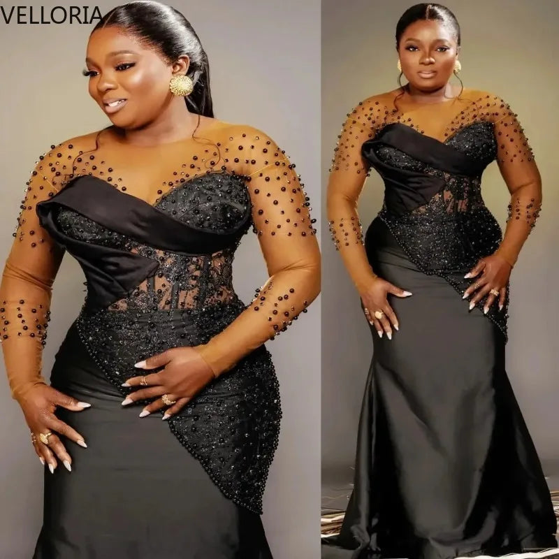 Black Lace Women Evening Dress High Neck Long Sleeved Formal Occasion Gown Luxury Pearl Occasion Party Gown Customized