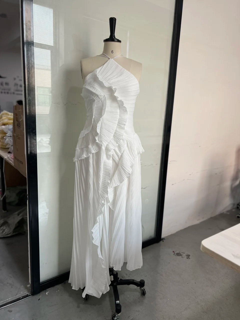 Elegant Lotus Edge Halter Maxi Dress
