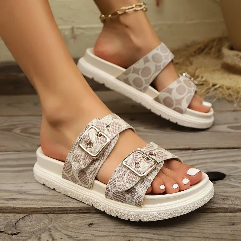 Fashion Thick-soled Metal Buckle Designer Slippers Women's Home Soft-soled EVA Sandals Women's Summer Non-slip Beach Flip-flops