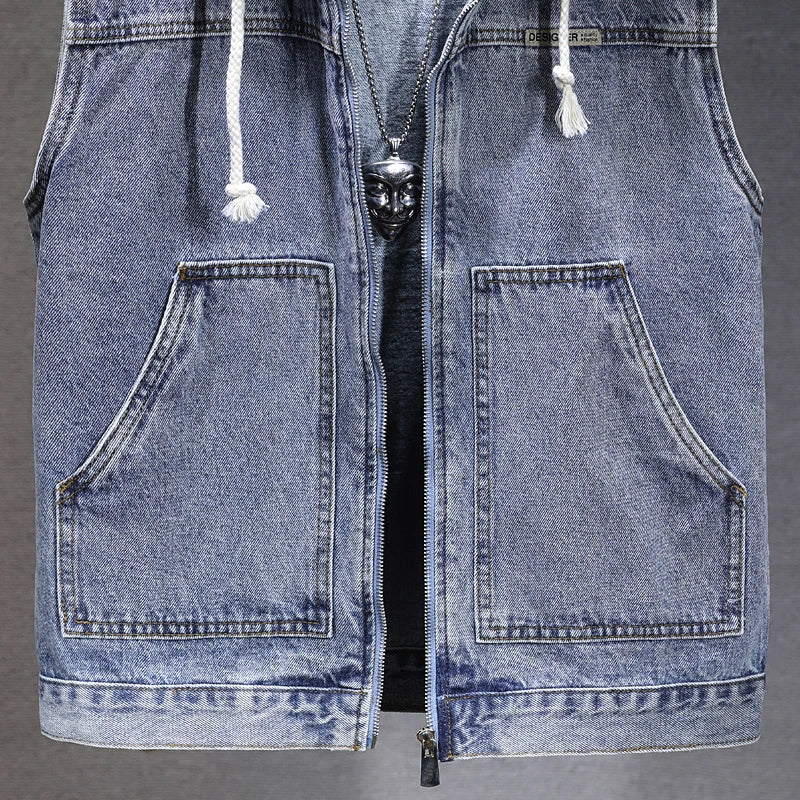New Men's Loose Workwear Denim Vest with Hood Sleeveless Everyday Versatile Shoulder Pad Jacket Casual Unisex Outerwear