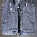 New Men's Loose Workwear Denim Vest with Hood Sleeveless Everyday Versatile Shoulder Pad Jacket Casual Unisex Outerwear