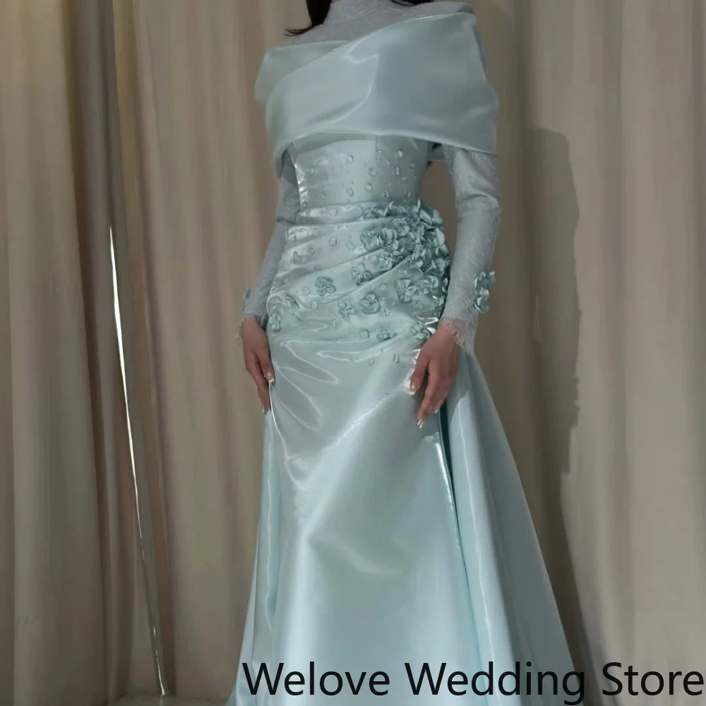 Light Blue Formal Evening Dress with Off‑Shoulder Draped Collar, High‑Neck Lace Long Sleeves, Hand‑Sewn 3D Floral Appliqués