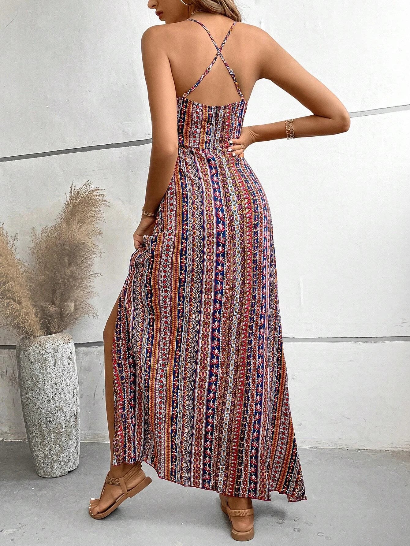Boho Ethnic Frill Trim Maxi Dress