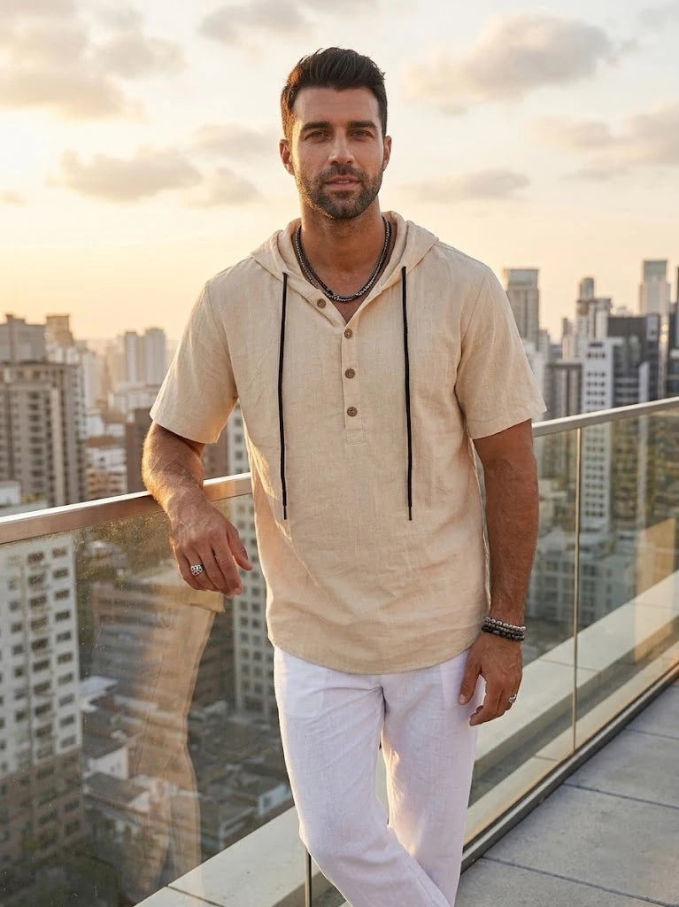 Men's Linen Cotton Hooded Shirt — Lightweight Short Sleeve Button Top