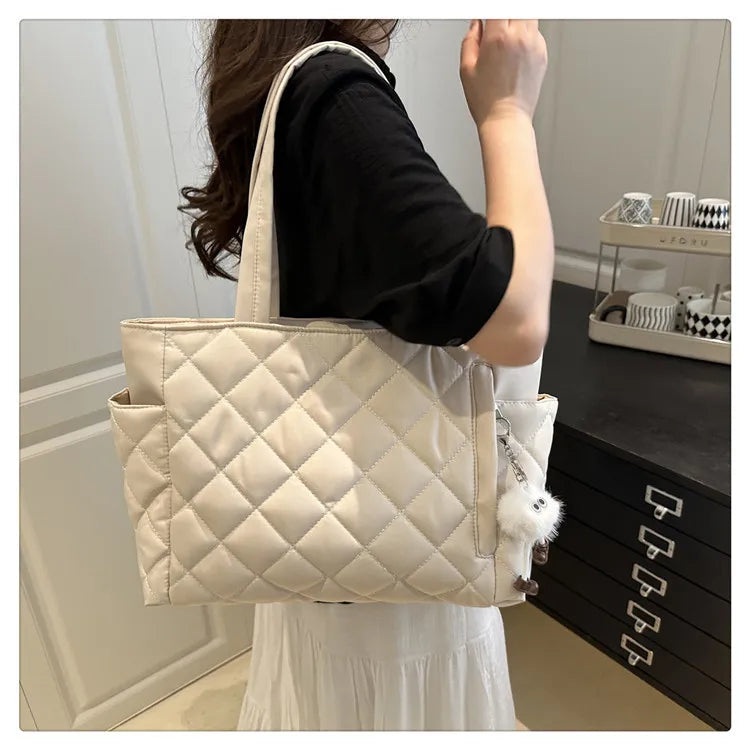 Multi Pocket Women Mailman Bag Diamond Patterned Cotton Clothing Shoulder Bag Large Capacity Tote Bag Casual Nylon Shoulder Bag
