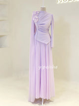 Customized Formal Women Chiffon Handmade Flower Ruched A-Line Evening Dresses Classic Arabic High Collar Long Sleeves Party Gown