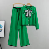 Autumn Women’s Elegant 2-Piece Pleated Set – Knit Bowknot Top & Wide Leg Pants