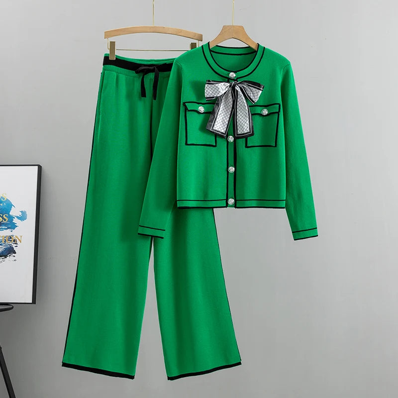 Autumn Women’s Elegant 2-Piece Pleated Set – Knit Bowknot Top & Wide Leg Pants