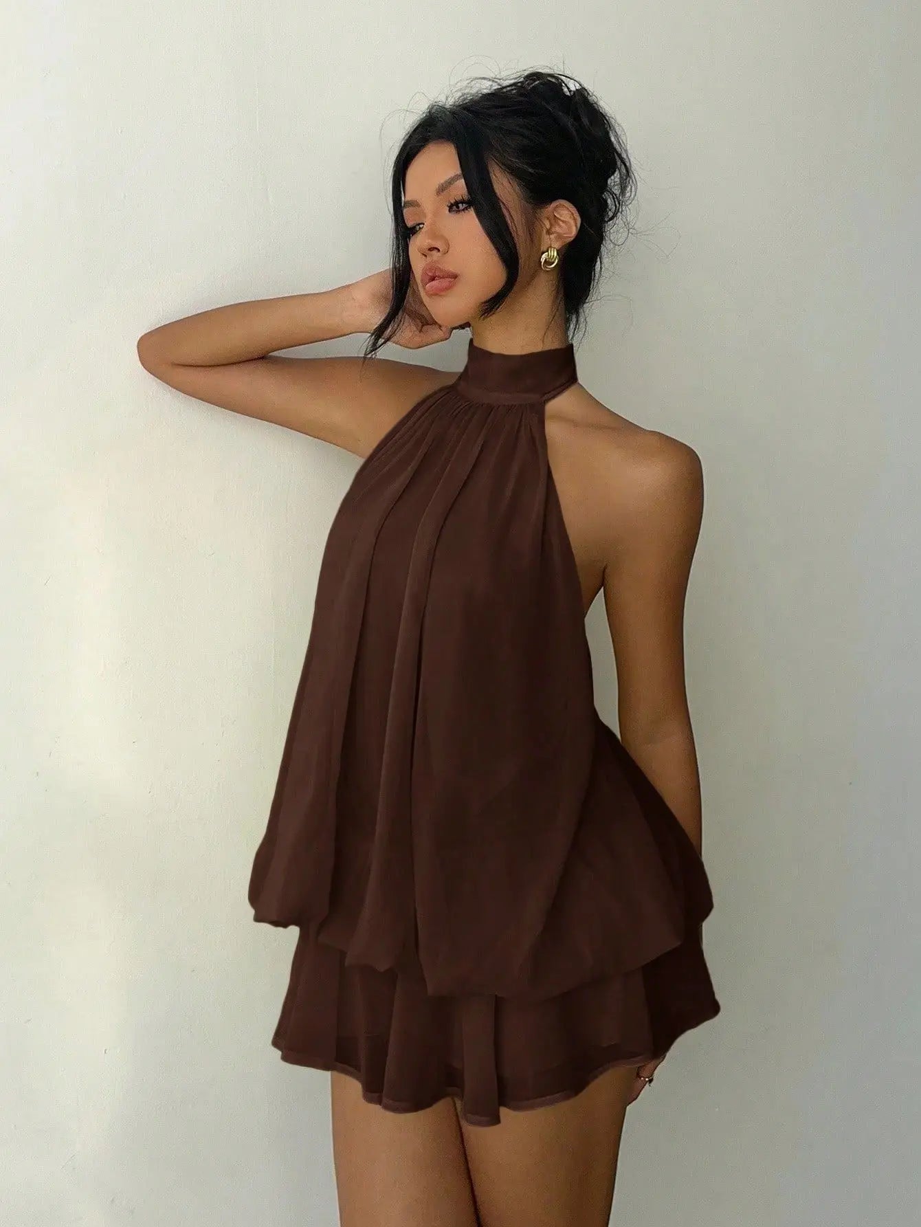 Women's High-Neck Sleeveless Layered Chiffon Mini Dress